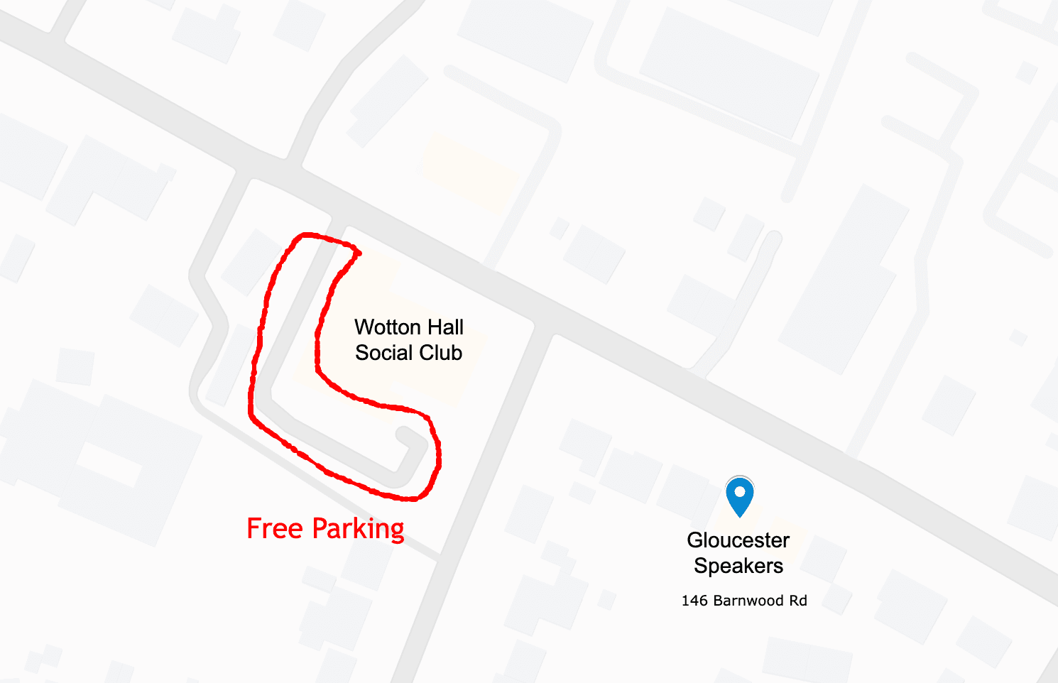 Map showing Wotton Hall Social Club parking and Barnwood Reading Room